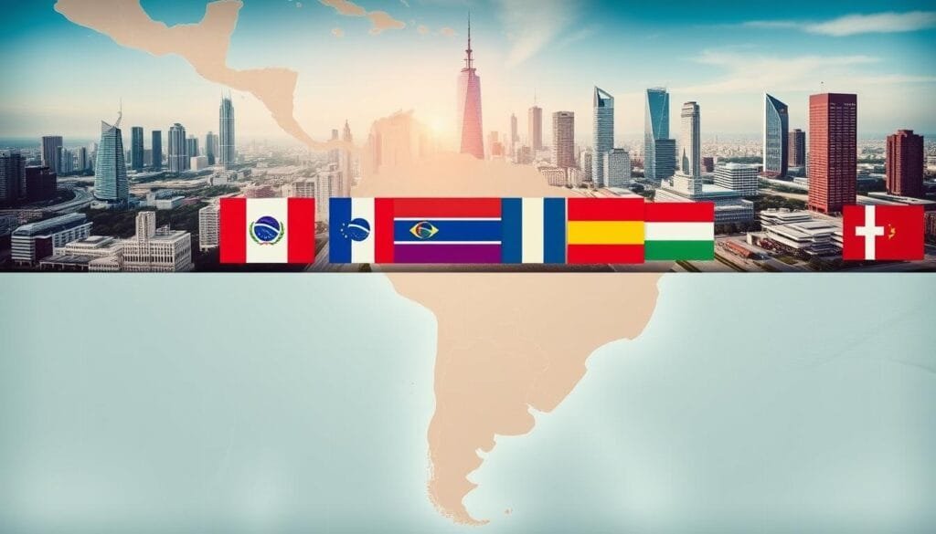 A large, detailed map of South America spanning the foreground, with countries and borders clearly defined. In the middle ground, a series of flags representing different nations, reflecting the regional expansion of a major retail company. The background features a montage of modern city skylines, bustling commercial districts, and logistics hubs, conveying the scale and reach of this company's regional presence. The lighting is bright and crisp, with a sense of energy and dynamism. The overall mood is one of growth, interconnectedness, and the triumph of a successful business venture.