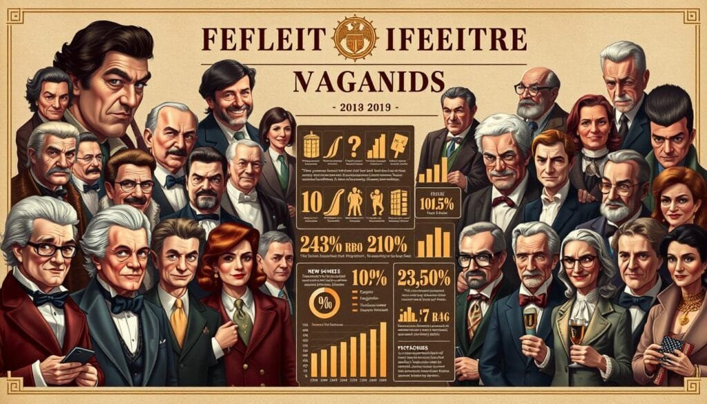 A large, lavishly illustrated list of the wealthiest fictional magnates, presented with a classic financial magazine aesthetic. Detailed portraits of each character fill the foreground, with precise lighting and depth of field to capture their distinctive features and lavish attire. The middle ground showcases symbolic icons and infographics highlighting their vast fortunes, set against a refined, textured background reminiscent of luxury stationery or high-end financial reports. The overall mood is one of opulence, prestige, and a touch of whimsy befitting the fictional subject matter. A large, lavishly illustrated list of the wealthiest fictional magnates, presented with a classic financial magazine aesthetic. Detailed portraits of each character fill the foreground, with precise lighting and depth of field to capture their distinctive features and lavish attire. The middle ground showcases symbolic icons and infographics highlighting their vast fortunes, set against a refined, textured background reminiscent of luxury stationery or high-end financial reports. The overall mood is one of opulence, prestige, and a touch of whimsy befitting the fictional subject matter.