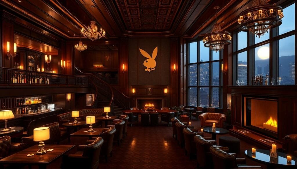 A lavish, opulent club interior in the signature Playboy style. A plush, dimly lit lounge with rich mahogany furnishings, leather armchairs, and a fully stocked bar in the center. Soft lighting emanates from brass fixtures and candles, casting a warm, inviting glow. A long, curving staircase leads to a mezzanine level overlooking the main space. Elegant Playboy bunny-inspired decor accents the walls, hinting at the decadent, hedonistic atmosphere. A grand fireplace anchors the far end, flanked by tall windows offering a glimpse of a moonlit city skyline beyond. The overall mood is one of exclusivity, luxury, and the quintessential Playboy lifestyle.
