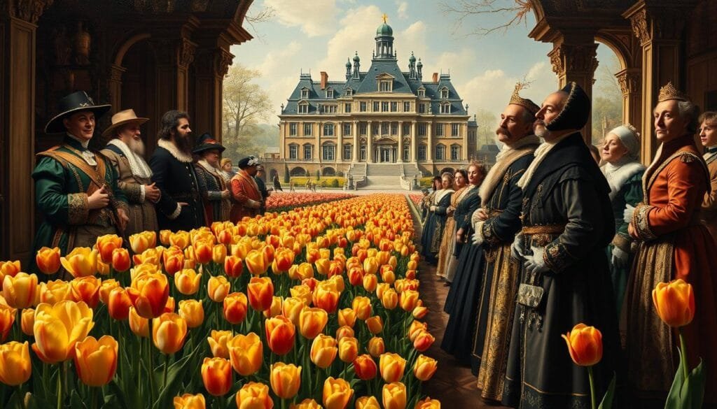 A lavish, ornate oil painting depicting the height of 17th century Dutch tulipmania. In the foreground, a group of wealthy aristocrats and merchants admire a display of rare, exotic tulips, their opulent attire and accessories reflecting the prestige and status associated with these coveted flowers. The middle ground features lush, meticulously rendered tulip beds, their vibrant petals glowing under soft, warm lighting. In the background, a grandiose manor house or palace looms, symbolic of the immense wealth and influence of the Dutch elite during this period of tulip fever. The overall composition evokes a sense of refinement, exclusivity and the obsession with tulips that gripped the upper echelons of 17th century Dutch society.