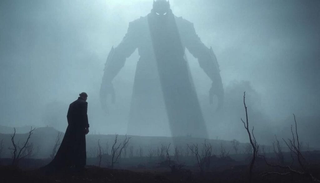 A looming, ominous presence hovers over a barren, dystopian landscape. In the foreground, a towering, shadowy figure of an unknown entity, its form indistinct and ominous, casting a foreboding presence. The middle ground is shrouded in a hazy, eerie mist, obscuring the details of the scene. In the background, a bleak, desolate horizon, void of life, stretches out endlessly, conveying a sense of isolation and despair. The lighting is low and dramatic, casting deep shadows and creating a moody, unsettling atmosphere. The camera angle is slightly angled, adding to the sense of unease and tension. The overall scene evokes a palpable feeling of existential dread and the looming threat of a great, unidentified peril.