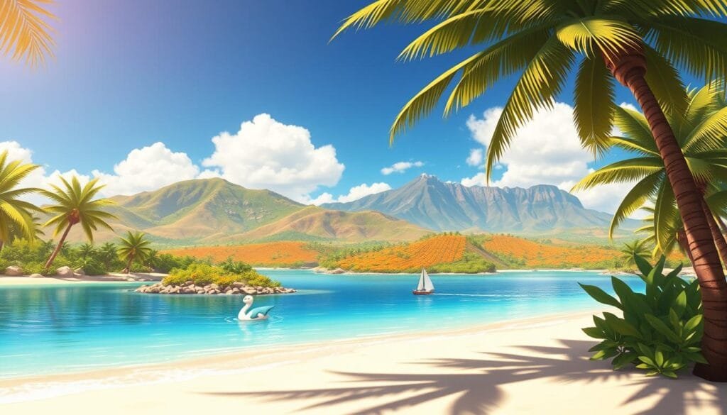 A lush, tropical paradise of Islas Naranja, a picturesque archipelago in the azure waters of the Pokémon world. The foreground features a pristine sandy beach, with swaying palm trees casting gentle shadows. In the middle ground, rolling hills and vibrant orange groves dot the landscape, their citrus hues complementing the deep blue sky. A lone Lapras gracefully glides across the tranquil lagoon, its sturdy shell providing a serene mode of transportation. The background is dominated by towering volcanic peaks, their rugged silhouettes juxtaposed against the fluffy white clouds drifting overhead. Warm, golden sunlight bathes the scene, evoking a sense of tranquility and adventure, perfect for a champion's journey through this idyllic regional setting.