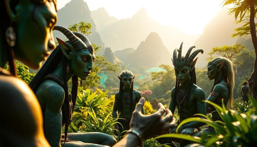 A lush, verdant landscape of the Na'vi homeworld, Pandora, with a group of Na'vi individuals conversing in their native language, "palabras na'vi". The foreground features close-up shots of their expressive faces and hands as they engage in a dynamic discussion, showcasing the rich lexicon and intricate syntax of their language. The middle ground reveals the vibrant flora and fauna of Pandora, while the background depicts the majestic mountains and bioluminescent forests that serve as the backdrop for their everyday life. The lighting is warm and natural, capturing the ethereal beauty of this alien world. The camera angles are varied, offering a sense of immersion and connection with the Na'vi and their unique language.