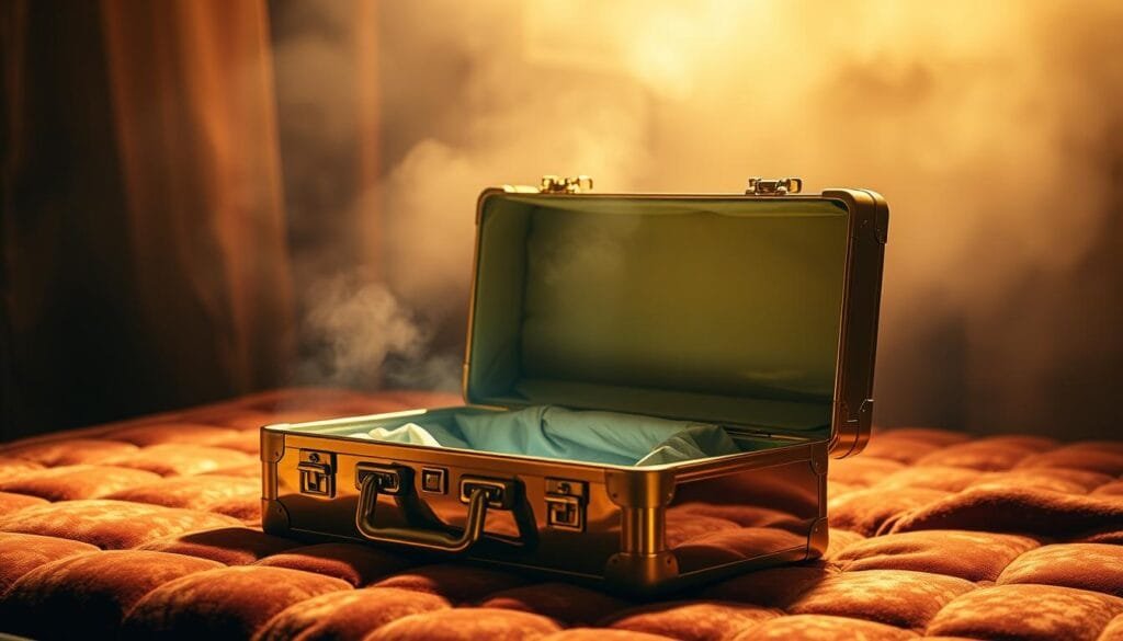 A luxurious gold suitcase rests on a plush, velvet-lined surface, its metallic sheen gleaming under warm, focused lighting. The case is partially open, revealing a mesmerizing glow from within, hinting at its mysterious contents. The background is shrouded in a soft, hazy atmosphere, drawing the viewer's attention to the captivating suitcase. The scene conveys a sense of intrigue and wonder, as if the suitcase holds a coveted treasure or a secret that has captivated the imagination of many.