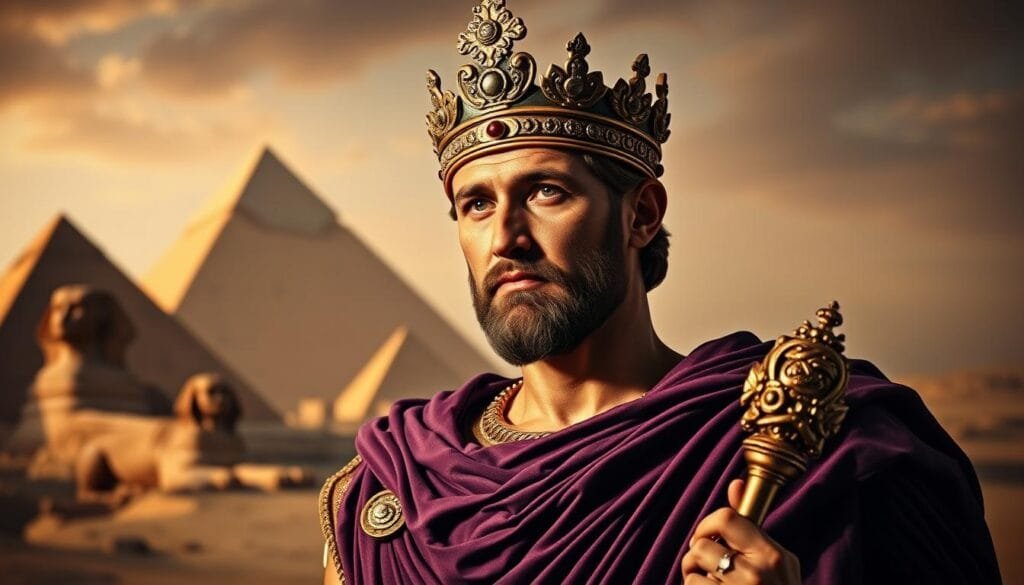 A majestic imperial portrait of Caesar Augustus, ruler of the Roman Empire. Set against a backdrop of ancient Egyptian grandeur, with the iconic pyramids and Sphinx in the distance. Augustus stands tall and proud, resplendent in his ornate imperial regalia - a bejeweled crown, flowing purple robes, and a scepter in his hand. His gaze is stern and commanding, radiating the power and wealth that made him one of the wealthiest individuals in history. Dramatic lighting casts dramatic shadows, emphasizing the gravity and authority of his position. The scene evokes the opulence, ambition, and vast influence that characterized the Roman imperial era at the height of its glory.