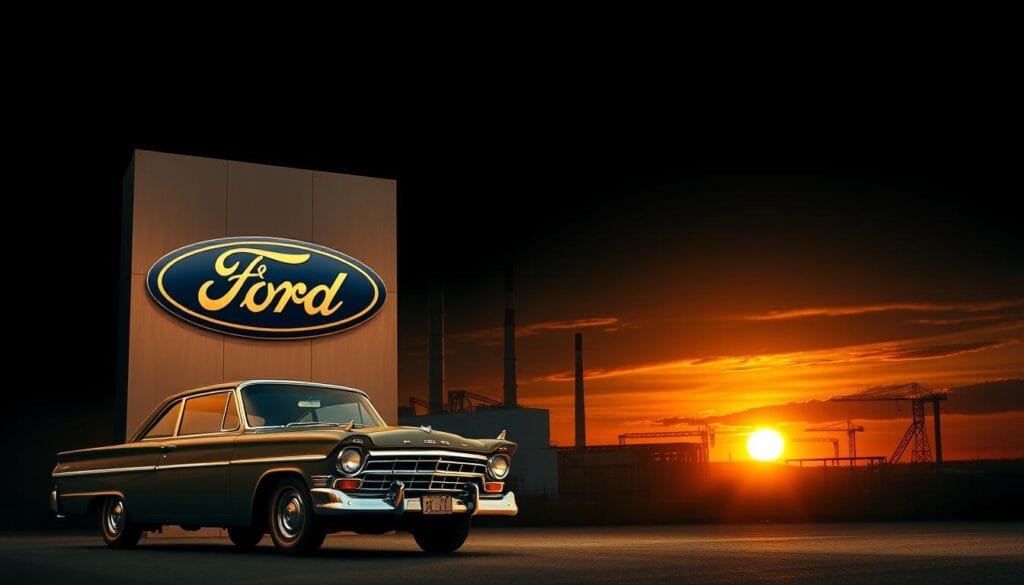 A majestic, silver Ford Motor Company logo stands tall and proud, casting a warm, golden glow against a dark, industrial backdrop. The logo's metallic surface reflects the harsh, directional lighting, creating a sense of strength and solidity. In the foreground, a vintage Ford automobile, its classic lines and chrome accents gleaming, serves as a testament to the company's rich automotive heritage. The middle ground is occupied by a sleek, modern factory, its imposing presence hinting at the technological advancements that have driven Ford's success. In the distance, a setting sun paints the sky in a symphony of oranges and reds, evoking a sense of triumph and the overcoming of past failures.