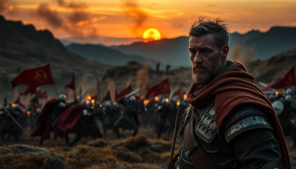 A medieval battlefield at dusk, the clash of steel echoing across the rugged landscape. Armored knights charge into the fray, swords raised high, their crimson capes billowing in the smoky wind. Archers in the distance unleash a hail of arrows, silhouetted against the fiery sunset sky. In the foreground, a lone soldier, his weary face etched with the toll of combat, stands resolute amidst the chaos. The scene conveys the gritty realism of war, a stark contrast to the romanticized depictions often seen in modern media. Cinematic lighting and a shallow depth of field draw the viewer's eye to the human drama unfolding within the frame.