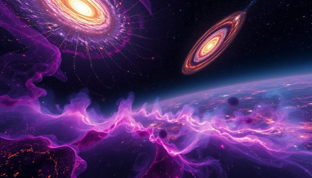 A mesmerizing cosmic landscape of dark energy, as observed by the Dark Energy Spectroscopic Instrument (DESI). In the foreground, swirling nebulae of violet and indigo hues, infused with flecks of gold, hint at the enigmatic nature of this elusive force. The middle ground features a tapestry of distant galaxies, their intricate structures and vibrant colors indicating the profound impact of dark energy on the large-scale evolution of the universe. In the background, a hazy, ethereal glow of deep blues and blacks suggests the ever-expanding fabric of spacetime, a visual metaphor for the accelerating expansion that may ultimately lead to the "Big Rip" scenario. Dramatic lighting and a cinematic camera angle convey a sense of awe and contemplation, as if the viewer is witnessing the unfolding of a cosmic drama that could redefine our understanding of the universe's destiny. A mesmerizing cosmic landscape of dark energy, as observed by the Dark Energy Spectroscopic Instrument (DESI). In the foreground, swirling nebulae of violet and indigo hues, infused with flecks of gold, hint at the enigmatic nature of this elusive force. The middle ground features a tapestry of distant galaxies, their intricate structures and vibrant colors indicating the profound impact of dark energy on the large-scale evolution of the universe. In the background, a hazy, ethereal glow of deep blues and blacks suggests the ever-expanding fabric of spacetime, a visual metaphor for the accelerating expansion that may ultimately lead to the "Big Rip" scenario. Dramatic lighting and a cinematic camera angle convey a sense of awe and contemplation, as if the viewer is witnessing the unfolding of a cosmic drama that could redefine our understanding of the universe's destiny.