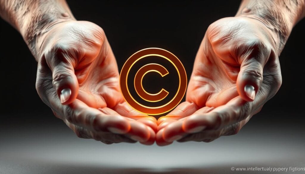 A meticulously crafted three-dimensional digital illustration depicting a pair of hands holding a copyright symbol, symbolizing the concept of intellectual property rights. The hands are rendered with a realistic level of detail, showcasing intricate textures and natural lighting. The copyright symbol floats between the palms, glowing with a warm, subdued radiance, emphasizing its significance. The background is a minimalist, monochromatic space, allowing the central elements to take center stage and convey a sense of focus and clarity. The overall composition and lighting evoke a sense of importance, authenticity, and the secure preservation of creative works.