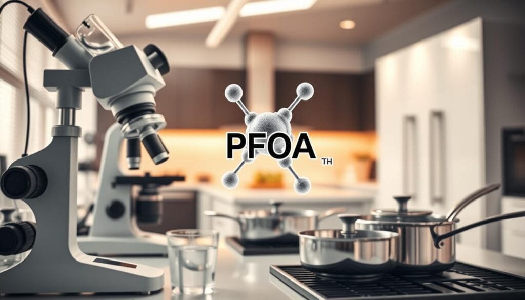 A meticulously designed, high-quality image depicting the concept of "seguridad teflón". In the foreground, a laboratory setting with a microscope, safety goggles, and scientific instruments, conveying a sense of diligence and care. In the middle ground, a detailed molecular structure of PFOA (perfluorooctanoic acid), the key component of Teflon, hovering ethereally. In the background, a sleek, modern kitchen with pristine Teflon-coated cookware, symbolizing the practical applications of this scientific discovery. The overall mood is one of precision, safety, and the harmonious integration of science and everyday life. Soft, warm lighting illuminates the scene, creating a sense of professionalism and reassurance.