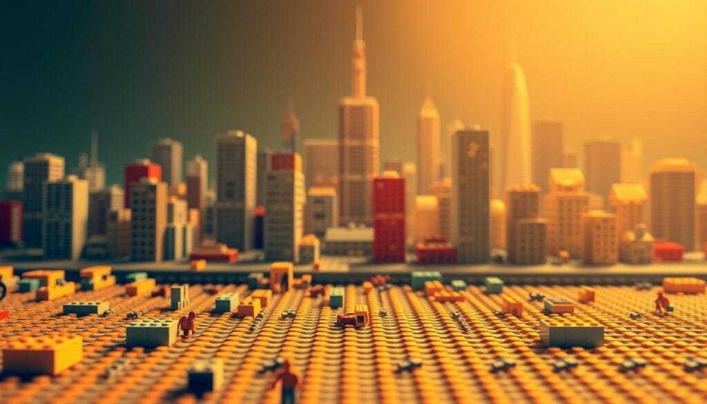 A meticulously rendered, high-resolution image of a simplified blockchain data structure, depicted as a series of interconnected LEGO bricks in a warm, inviting color palette. The foreground showcases the core blockchain components - blocks, cryptographic hashes, and peer-to-peer network - all constructed from LEGO pieces. The middle ground features a backdrop of a cityscape made of LEGO elements, symbolizing the real-world applications of blockchain technology. The lighting is soft and diffused, creating a sense of depth and dimension. The overall composition conveys the complex, yet approachable nature of blockchain, in line with the article's educational focus.