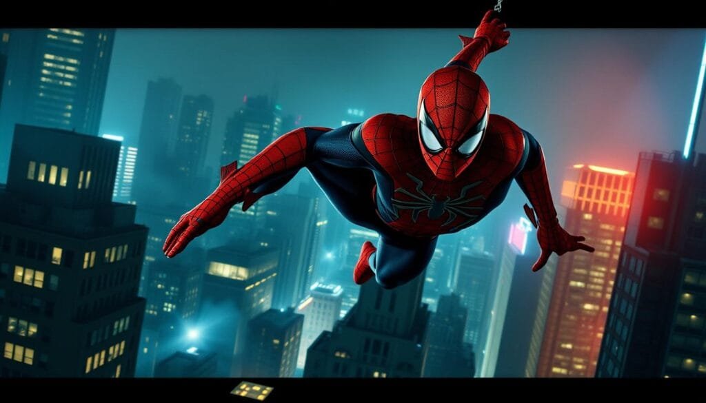 A mid-shot of the Amazing Spider-Man, Peter Parker, swinging through the skyscrapers of New York City at night. His web-slinging action is dynamic, with spider-like grace and agility. The cityscape behind him is hazy and moody, with glowing windows and neon signs that cast a vibrant glow. The lighting is dramatic, with deep shadows and dramatic highlights that accentuate the musculature of Spider-Man's costume. The composition is balanced, with the hero positioned in the center of the frame, his pose heroic and determined. The overall tone is cinematic and suspenseful, capturing the essential context and setting for the crucial events of The Amazing Spider-Man #121-122.