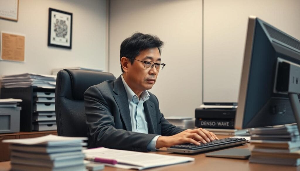A mid-shot portrait of Masahiro Hara, the inventor of the QR code, sitting at his desk in the Denso Wave offices in 1994. Hara is focused intently on a computer screen, surrounded by stacks of technical documents and the sleek, minimalist aesthetic of the Denso Wave workspace. Soft, directional lighting casts a warm glow on Hara's thoughtful expression, highlighting his determination as he pioneers this revolutionary barcode technology. The background is slightly blurred, drawing the viewer's attention to Hara's pivotal role in the history of QR codes.