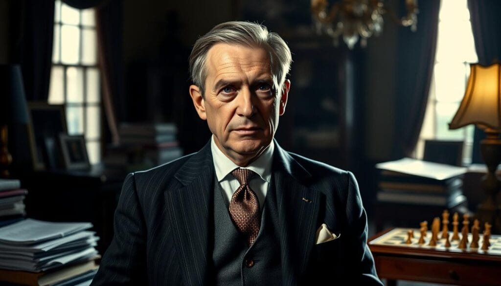 A middle-aged man in a business suit, Charles Darrow, stands in a dimly lit study, surrounded by stacks of paper and a chessboard. His expression is one of determination, with a hint of mischief in his eyes. The lighting casts dramatic shadows, giving the scene a sense of mystery and intrigue. The background is blurred, but hints at the lavish furnishings of a wealthy home, alluding to the capitalist themes that Darrow's invention of Monopoly was meant to critique. The composition and lighting evoke a sense of the historical significance of Darrow's role in the creation of the iconic board game, which both celebrated and subverted the system of capitalism.