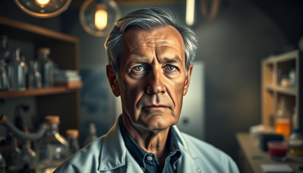 A middle-aged man with a serious expression, Roy Plunkett, stands in a dimly lit laboratory. The foreground features Plunkett's face in sharp focus, illuminated by the soft glow of various scientific instruments and glassware surrounding him. In the middle ground, we see Plunkett's white lab coat and the benchtop, with various chemical compounds and tools neatly arranged. The background blurs into a hazy, industrial setting, suggesting the scientific context of his discoveries. The overall mood is one of quiet contemplation and the pursuit of knowledge, befitting the origins of a revolutionary material like Teflon.