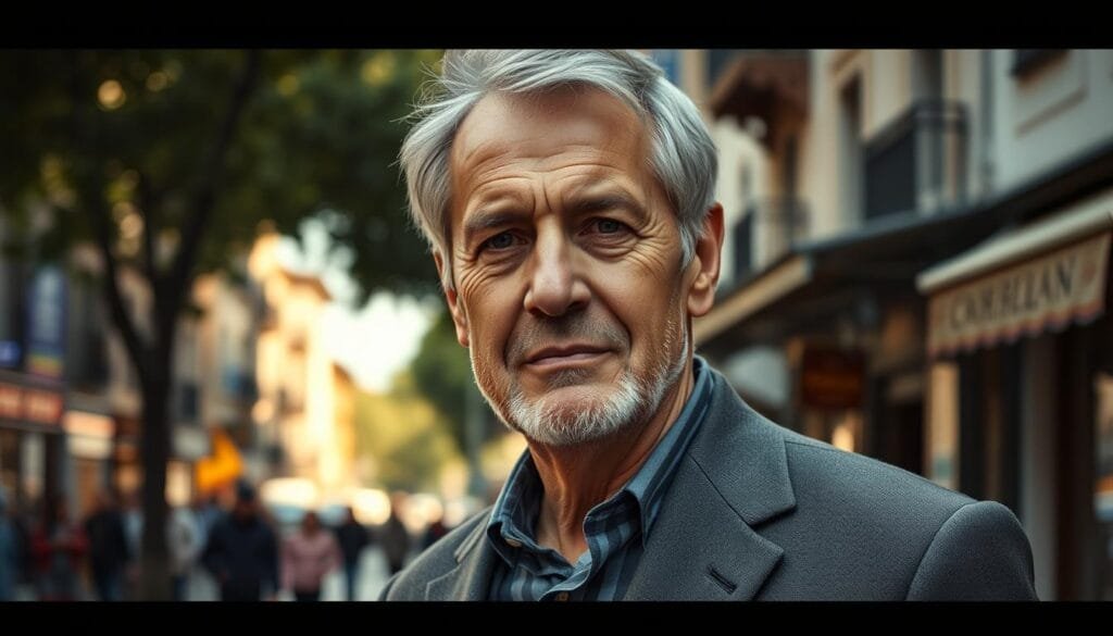 A middle-aged man with a weathered, kindly face stands in the foreground, his gaze steady and assured. He wears a simple, well-tailored suit, reflecting his humble origins in the rural town of Busdongo, Spain. Behind him, the bustling streets of A Coruña come into focus, a testament to his remarkable journey from a small village to building a global fashion empire. The lighting is soft and natural, casting a warm glow that hints at the man's determination and entrepreneurial spirit. The composition is balanced, with the subject occupying the central position, surrounded by the subtle details that hint at his remarkable rise to success.