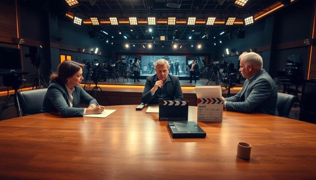A modern TV studio set, dimly lit with warm ambient lighting. The foreground features a large, polished wooden table with a meticulously arranged script, pens, and a director's clapboard. In the middle ground, three individuals sit around the table - a writer intently scribbling notes, a director passionately gesturing as they discuss the scene, and a producer overseeing the process. The background showcases a panoramic view of the bustling production floor, complete with camera crews, lighting rigs, and a sense of focused energy. The overall atmosphere evokes the collaborative, creative spirit of crafting a beloved television series. A modern TV studio set, dimly lit with warm ambient lighting. The foreground features a large, polished wooden table with a meticulously arranged script, pens, and a director's clapboard. In the middle ground, three individuals sit around the table - a writer intently scribbling notes, a director passionately gesturing as they discuss the scene, and a producer overseeing the process. The background showcases a panoramic view of the bustling production floor, complete with camera crews, lighting rigs, and a sense of focused energy. The overall atmosphere evokes the collaborative, creative spirit of crafting a beloved television series.