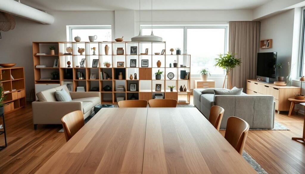 A modern and minimalist living room featuring an array of DIY furniture pieces. The foreground showcases a sleek wooden table with a clean, simple design, surrounded by a mismatched set of chairs that the occupants have assembled themselves. In the middle ground, a modular shelving unit with adjustable compartments displays an assortment of personal trinkets and decor, creating a sense of customization and ownership. The background depicts a bright, airy space with large windows allowing natural light to flood the room, accentuating the DIY aesthetic. The overall mood is one of pride, accomplishment, and a touch of whimsy, embodying the "Efecto IKEA" concept of deriving greater value from self-assembled furnishings.