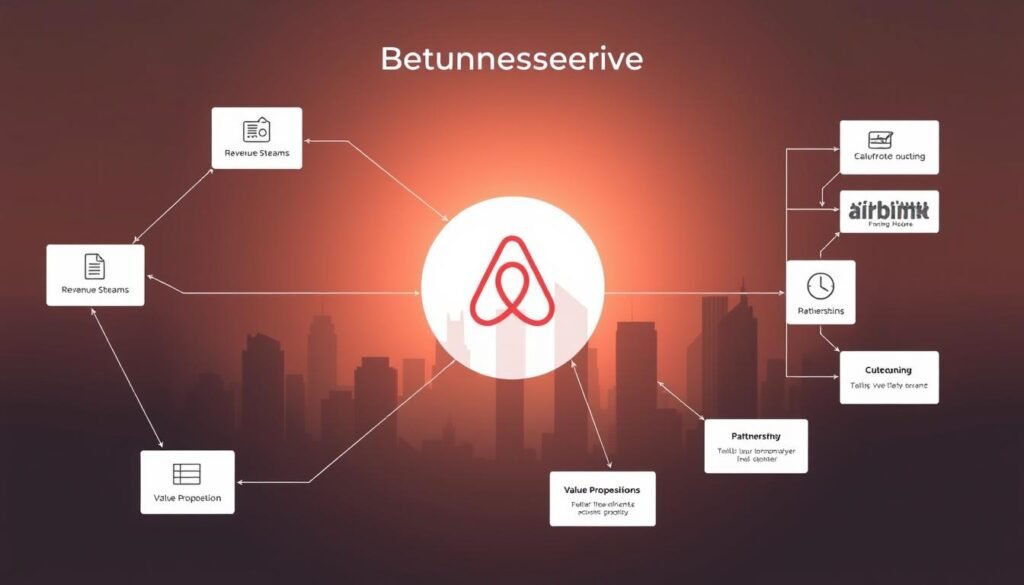 A modern business model diagram showcasing a sleek, minimalist aesthetic. The foreground features interconnected geometric shapes and icons representing key components like revenue streams, partnerships, and value propositions. The middle ground depicts a stylized city skyline in muted tones, symbolizing the platform's global reach. The background is bathed in a warm, inviting glow, conveying a sense of growth, innovation, and opportunity. The composition is balanced, with clean lines and a streamlined layout that reflects the efficiency and scalability of the business model. The overall mood is professional, aspirational, and evocative of the Airbnb story's themes of disruption and entrepreneurial success.