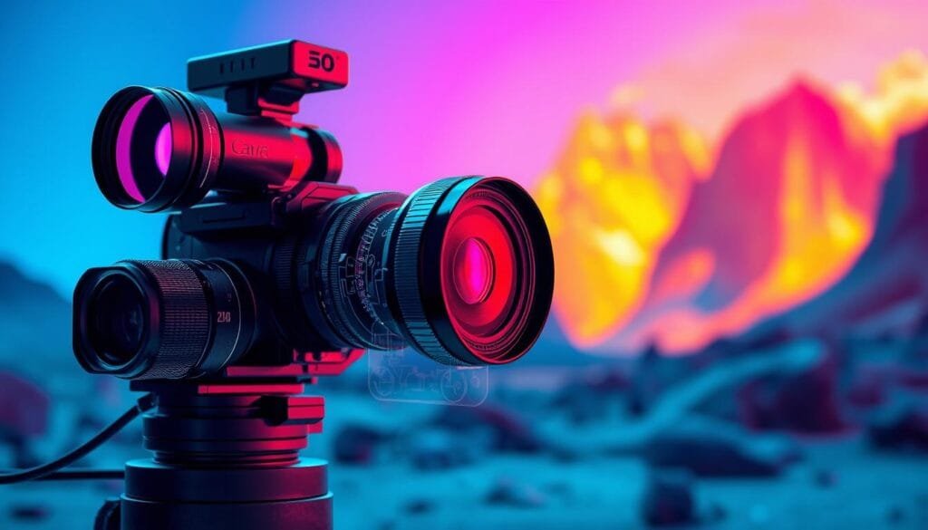 A modern camera array capturing infrared and ultraviolet light, revealing the hidden colors of the world. In the foreground, a sleek, futuristic device with advanced lenses and sensors. The middle ground showcases a detailed diagram or cutaway view, exposing the intricate inner workings. In the background, a vibrant, alien landscape shimmering with unseen hues, hinting at the extraordinary visual experiences unlocked by this technology. Dramatic, cool-toned lighting accentuates the scientific, otherworldly atmosphere, inviting the viewer to expand their perception beyond the limitations of human vision.