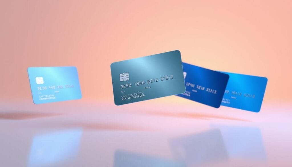 A modern, minimalist digital wallet with virtual credit cards floating in a sleek, glossy interface. The cards are rendered in shades of silver and blue, with clean, elegant designs and subtle holographic effects. The scene is bathed in a soft, warm lighting, creating a sense of refinement and modernity. The background is a simple, gradient-based environment, allowing the virtual cards to take center stage. The overall composition conveys the seamless, contactless nature of modern digital payments, reflecting the section title "De la banda a la proximidad: contactless, Apple Pay y tarjetas virtuales".