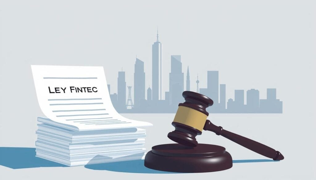 A modern, minimalist illustration depicting the concept of crowdfunding regulation in Chile. In the foreground, a stack of legal documents and a gavel representing the Ley Fintec, the regulatory framework governing crowdfunding. In the middle ground, a stylized cityscape with skyscrapers, conveying the financial center of Santiago. In the background, an abstract visualization of the Chilean flag, symbolizing the national context. The overall scene is rendered in a muted color palette of blues, grays, and whites, creating a professional, authoritative tone. Subtle lighting casts dramatic shadows, emphasizing the importance and gravity of the regulatory environment.