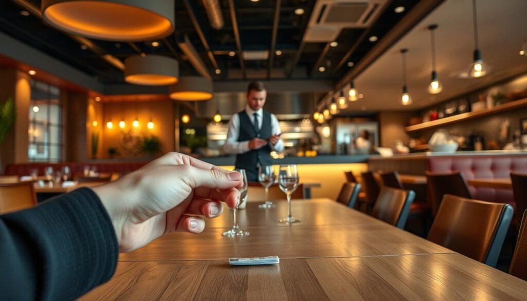A modern restaurant interior with warm lighting, wooden furniture, and soft textures. In the foreground, a patron's hand casually leaving a cash tip on the table, creating a subtle "propina efecto" - the psychological influence of tipping on service quality. The middle ground features a knowledgeable waiter approaching the table, their body language conveying attentiveness. The background showcases an open kitchen, where chefs skillfully prepare dishes. The overall atmosphere is one of relaxed dining, where thoughtful service and customer satisfaction are paramount.