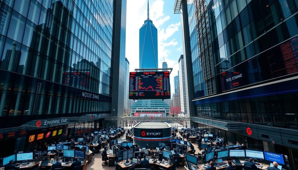A modern stock exchange building, its sleek glass and steel facade reflecting the vibrant activity within. The foreground showcases a bustling trading floor, traders at their terminals, screens displaying real-time market data. In the middle ground, a large electronic display board presents the day's index values and stock prices. The background features a cityscape, with skyscrapers and infrastructure that symbolize the interconnected global financial system. The lighting is bright and dynamic, casting a sense of energy and urgency, capturing the essence of the stock market's pulse. The overall scene conveys the complex mechanisms and intricate workings of a thriving capital market.