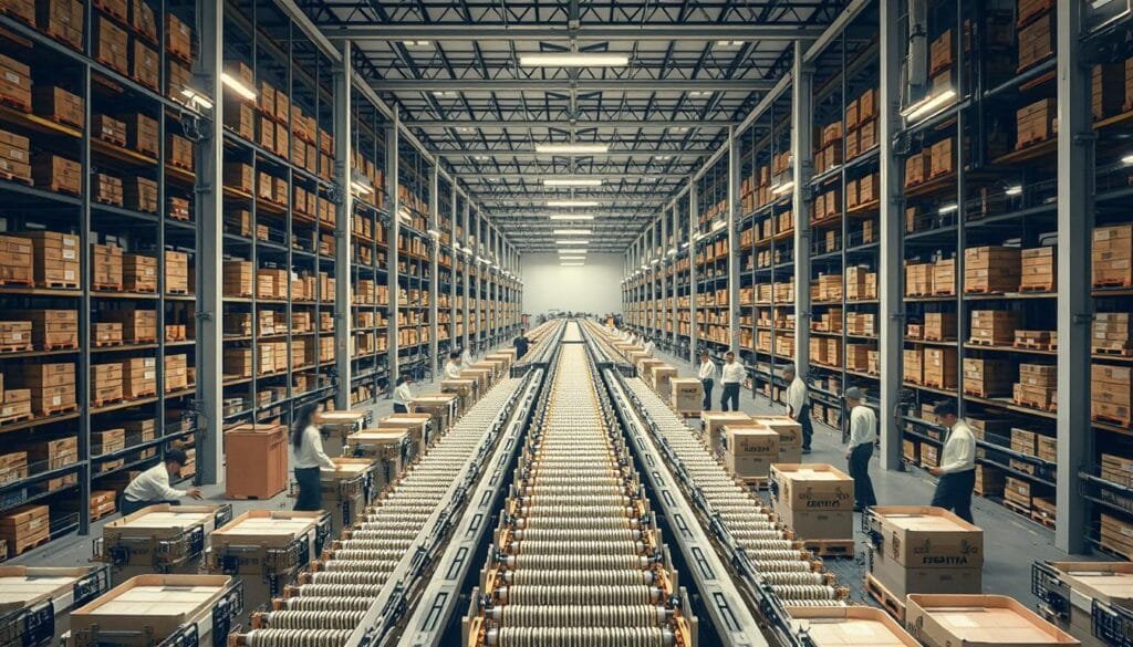 A modern, streamlined warehouse interior with rows of industrial shelving and robotic machinery moving in a synchronized dance. The central focus is a complex conveyor belt system, its metal links glinting under bright, overhead lighting. Surrounding the conveyor are workers in crisp uniforms, carefully monitoring the efficient flow of garment-filled crates. The overall atmosphere conveys a sense of precision, speed and technological prowess - the engine driving Zara's agile supply chain. Warm, neutral tones dominate, with splashes of Zara's signature brand colors visible. The composition emphasizes the scale and interconnectedness of this "just-in-time" logistics operation.