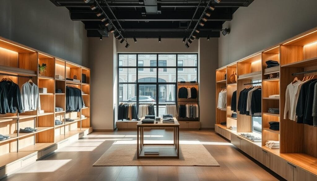 A modern, stylish retail space with a minimalist aesthetic. Bright, natural lighting illuminates the clean, uncluttered layout. Sleek, wooden shelves display a carefully curated selection of high-quality apparel. Muted, earthy tones create a warm, inviting atmosphere, while large windows offer a glimpse of the bustling street outside. The focus is on the products, allowing customers to immerse themselves in the shopping experience. A central display area acts as the heart of the store, drawing the eye and highlighting the latest fashion trends. The overall impression is one of simplicity, sophistication, and a deep understanding of the brand's identity.
