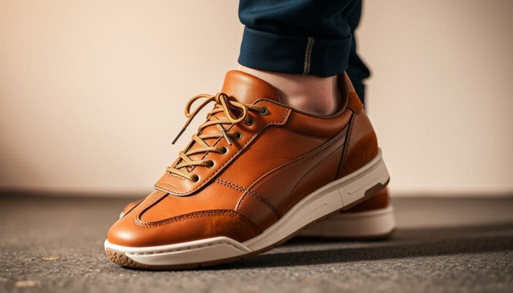 A pair of sleek, vintage-inspired sneakers in a classic low-top silhouette. The uppers are crafted from supple, premium leather in a rich, earthy shade, with contrasting stitching and perforated detailing. The laces are thin and tightly woven, complementing the minimalist design. The midsole features a subtle, sculpted shape, providing excellent support and cushioning. Soft, suede overlays at the heel and toe add a touch of refined elegance. The outsole is composed of high-traction rubber, ensuring a stable and durable foundation. Evenly diffused, warm lighting from above casts gentle shadows, accentuating the clean lines and premium materials of these timeless, athletic-inspired "zapatillas".
