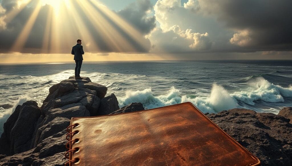 A panoramic scene of a lone figure, clad in a tailored suit, standing atop a rugged cliff overlooking a vast, turbulent sea. Rays of golden sunlight pierce through the dramatic clouds, casting a warm glow on the protagonist's resolute expression. In the foreground, a weathered, leather-bound journal lies open, hinting at the meticulous research and planning that has led to this moment of triumph. The background is dominated by the swirling, foaming waves crashing against the jagged rocks, symbolizing the challenges and risks overcome. The overall composition conveys a sense of unwavering determination, calculated risk-taking, and the validation of a bold, contrarian vision.