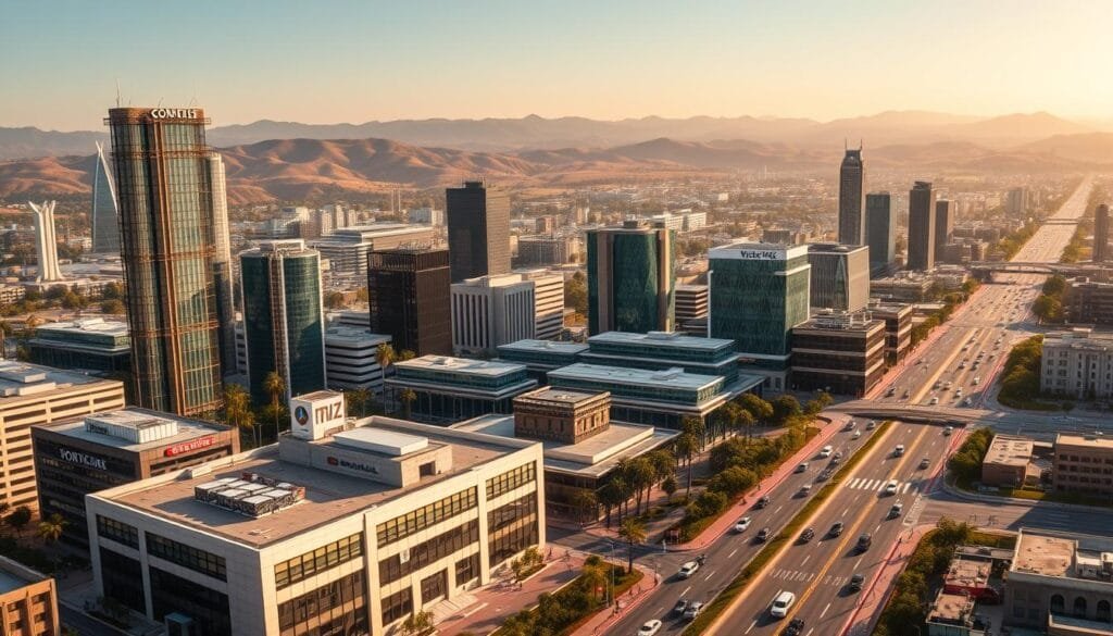 A panoramic view of a bustling tech hub, with gleaming skyscrapers and sprawling campuses against a backdrop of rolling hills. In the foreground, a cluster of modern office buildings housing the headquarters of prominent software companies, their logos and signage prominently displayed. Pedestrians and vehicles move through the vibrant streets, reflecting the energy and innovation that have made this region a global epicenter of technological advancement. Warm, golden lighting bathes the scene, evoking a sense of prosperity and success. The composition emphasizes the scale and scale of the software industry, symbolizing the vast fortunes and influence wielded by its pioneers and innovators.