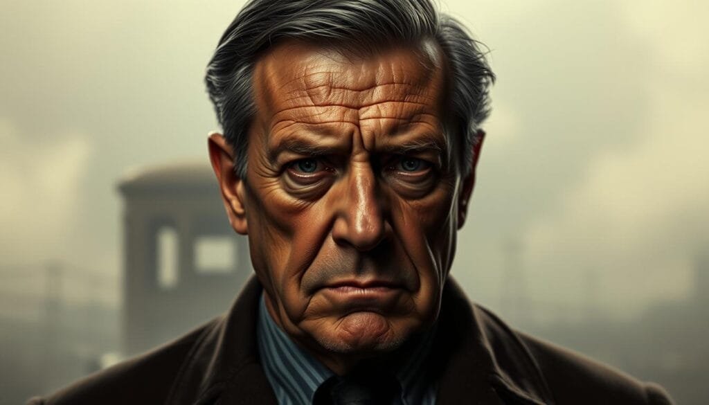 A pensive portrait of Harry Bennett, the infamous head of Ford's internal security force, captured in a chiaroscuro style. His weathered face is set in a stern expression, with deep lines and shadows accentuating his determined gaze. The background is hazy, with a sense of unease and tension, reflecting the turbulent conflicts and controversies that surrounded his tenure at the Ford Motor Company during its early years. The lighting is dramatic, casting dramatic shadows across his face, suggesting the hidden machinations and power struggles that took place behind the scenes of Ford's automotive empire.