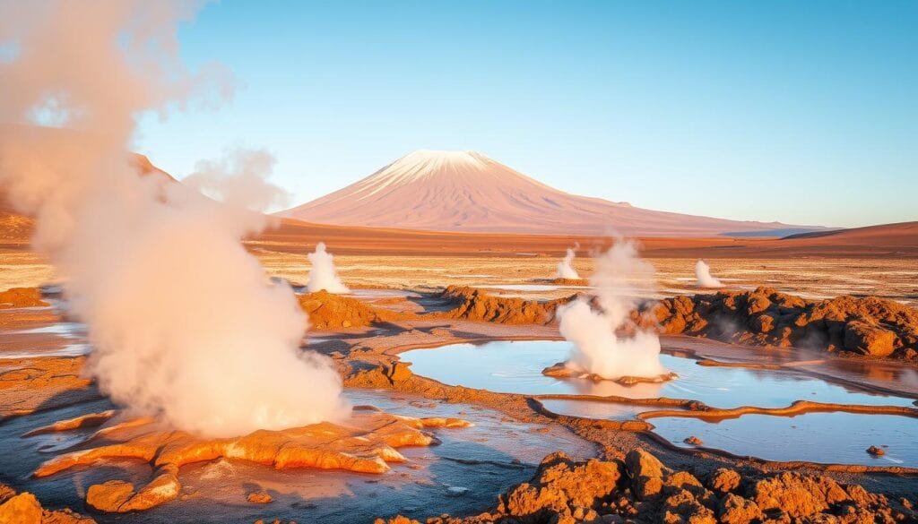 A picturesque landscape showcasing the active geothermal activity in the Atacama Desert of northern Chile. In the foreground, steaming fumaroles and bubbling mud pools dot the rugged, rocky terrain, casting an otherworldly glow. In the middle ground, the imposing, snow-capped peak of Nevado Ojos del Salado, the highest volcano in Chile, towers majestically. The background is filled with a hazy, azure sky, accentuating the contrast between the vibrant, geothermal features and the serene, natural environment. The scene is illuminated by warm, golden sunlight, creating a sense of tranquility and wonder. Captured through a wide-angle lens, this image conveys the breathtaking scale and dynamic nature of Chile's geothermal hotspot.