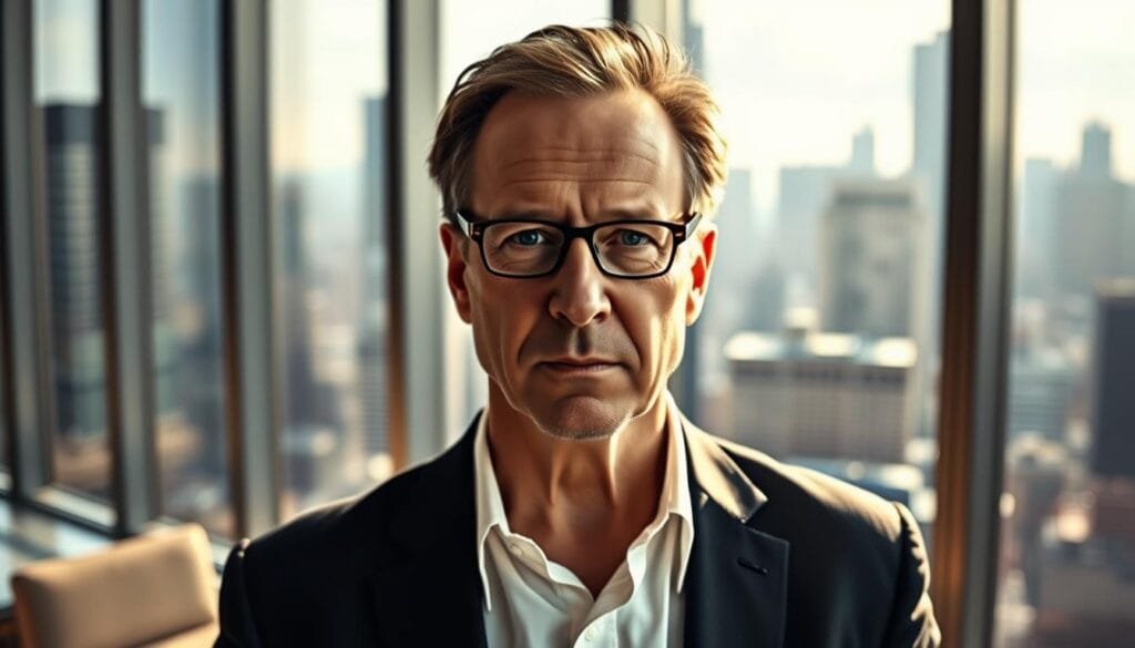 A portrait of David Maisel, the former chairman of Marvel Studios, standing confidently in a sleek, contemporary office setting. Soft, directional lighting illuminates his face, casting dramatic shadows that accentuate his determined expression. The background features floor-to-ceiling windows overlooking a bustling cityscape, suggesting the high-stakes, high-pressure environment in which Maisel navigated Marvel's financial challenges. The composition conveys a sense of strategic vision, leadership, and the pivotal role Maisel played in Marvel's turnaround and the eventual success of Iron Man.