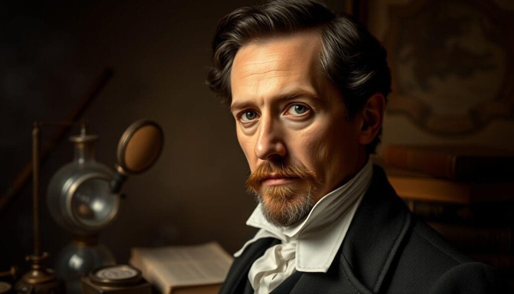 A portrait of Édouard-Léon Scott de Martinville, the French inventor who created the first known audio recording device in the 1850s. Set against a dimly lit, antique-inspired backdrop, the portrait captures his thoughtful expression and scholarly demeanor. Soft lighting illuminates his face, highlighting his distinct features and piercing gaze. The middle ground features period-appropriate scientific instruments and books, alluding to his pioneering work in the field of sound recording. The background is hazy and atmospheric, evoking a sense of historical significance and the timeless nature of his contribution to human knowledge.