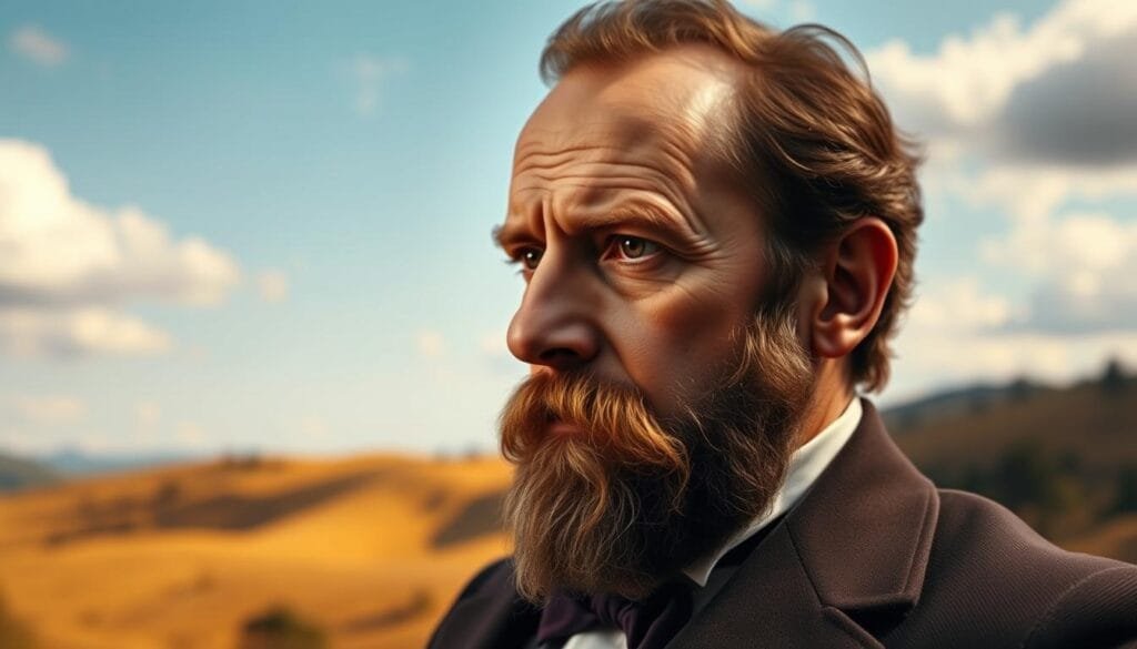 A portrait of Henry George, the renowned 19th century political economist and social reformer, set against a backdrop of rolling hills and a sun-dappled sky. George is depicted in a pensive pose, his brow furrowed as he contemplates the complexities of the economic and social landscape. The lighting is soft and warm, casting a gentle glow on his face and accentuating his deep, penetrating gaze. The composition is balanced, with George occupying the central focus, while the surrounding environment adds depth and context to the scene. The overall atmosphere conveys a sense of intellectual contemplation and the weight of George's ideas, which challenged the prevailing capitalist order of his time.
