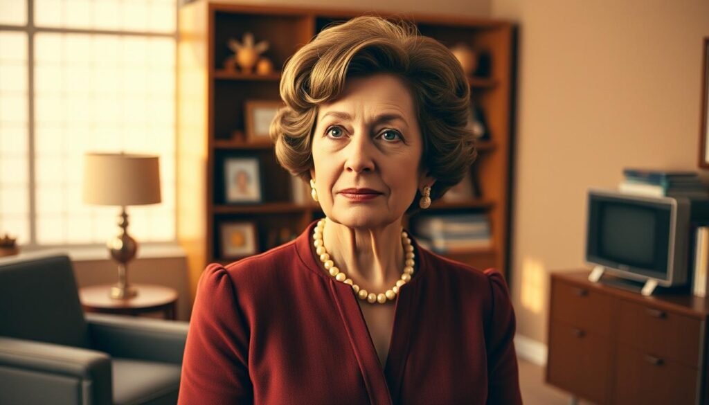 A portrait of Ruth Handler, the visionary co-founder of Mattel, standing in a well-lit, warm-toned office setting. Her expression is thoughtful and determined, capturing the essence of the woman who revolutionized the toy industry with the creation of the iconic Barbie doll. The mid-century modern decor and furniture subtly convey the era in which she lived and worked. The image conveys a sense of confidence, innovation, and the pioneering spirit that drove Ruth Handler to transform the way children, especially young girls, played and imagined their futures.