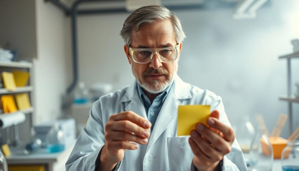 A portrait of Spencer Silver, the inventor of the adhesive that led to the creation of Post-it notes. He is shown in a well-lit laboratory setting, wearing a white lab coat and safety goggles, standing in front of a table covered with scientific equipment and glassware. His expression is one of focused concentration as he examines a sample of the adhesive he developed, which is shown in the foreground as a close-up. The background is hazy and blurred, emphasizing the subject and the importance of his discovery. The overall atmosphere conveys a sense of scientific discovery and the eureka moment that led to the invention of the iconic Post-it note.