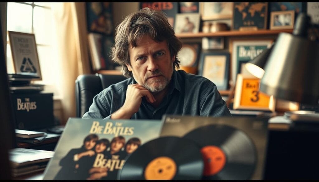 A portrait of the acclaimed filmmaker Peter Jackson, known for his adaptation of The Lord of the Rings trilogy, captured in a contemplative moment. The scene depicts Jackson seated at a desk, surrounded by various memorabilia and mementos, including a vinyl record of The Beatles' iconic album "Get Back." The lighting is soft and warm, casting a subtle glow on Jackson's face, reflecting his deep connection to the band's legacy and his own journey as a cinematic visionary. The composition is balanced, with the foreground focused on Jackson's pensive expression, the middle ground showcasing the desk and its contents, and the background hinting at a cozy, creative workspace. The overall mood is one of introspection, highlighting the intersection of Jackson's passions for The Beatles and The Lord of the Rings.