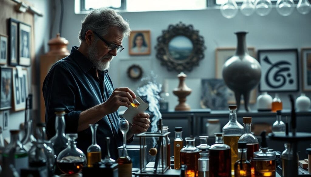 A precise, photorealistic image of the renowned sculptor Michael Moisseeff, standing in his studio, creating a new artwork using natural aromas and scents. The scene depicts Moisseeff meticulously mixing and blending various aromatic essences, his face framed by dramatic lighting that casts dramatic shadows, conveying a sense of scientific exploration and artistic passion. The middle ground features an array of glassware, test tubes, and scientific instruments, while the background showcases the sculptor's previous works, hinting at the breadth of his olfactory-inspired creations. The overall atmosphere is one of focused intensity, where the boundaries between art, science, and the senses converge.