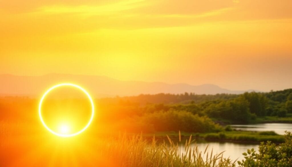 A radiant, warm glow fills the scene, casting a soft, inviting light. In the foreground, a glowing, circular shape pulses with a natural rhythm, representing the "master clock" that controls the body's circadian cycle. The middle ground features a serene, natural landscape, with lush greenery and a tranquil body of water reflecting the warm light. In the background, the sky transitions from a vibrant golden hue to a deeper, more calming blue, creating a sense of depth and atmosphere. The overall composition conveys a sense of balance, harmony, and the restorative power of aligning one's internal rhythms with the natural world. A radiant, warm glow fills the scene, casting a soft, inviting light. In the foreground, a glowing, circular shape pulses with a natural rhythm, representing the "master clock" that controls the body's circadian cycle. The middle ground features a serene, natural landscape, with lush greenery and a tranquil body of water reflecting the warm light. In the background, the sky transitions from a vibrant golden hue to a deeper, more calming blue, creating a sense of depth and atmosphere. The overall composition conveys a sense of balance, harmony, and the restorative power of aligning one's internal rhythms with the natural world.