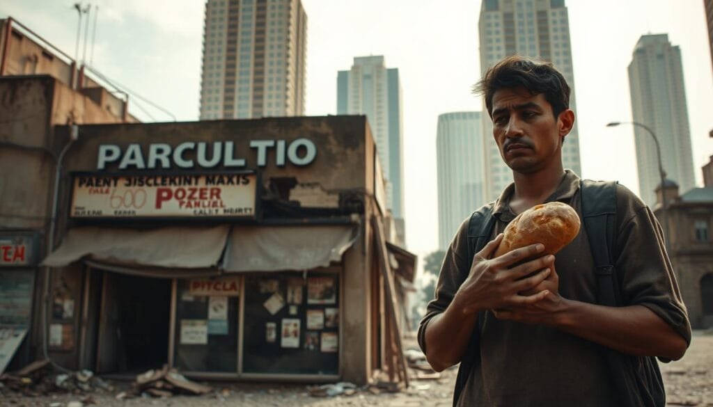 A realistic depiction of "poder adquisitivo" (purchasing power) set against the backdrop of a crumbling urban landscape. In the foreground, a person stands despondently, clutching a small loaf of bread, their expression conveying the struggle to make ends meet. The middle ground features a dilapidated storefront, its once-vibrant signage faded, reflecting the economic downturn. In the background, towering skyscrapers loom, representing the widening gap between the wealthy and the struggling. The scene is illuminated by a warm, hazy light, creating a sense of melancholy and the weight of financial hardship.