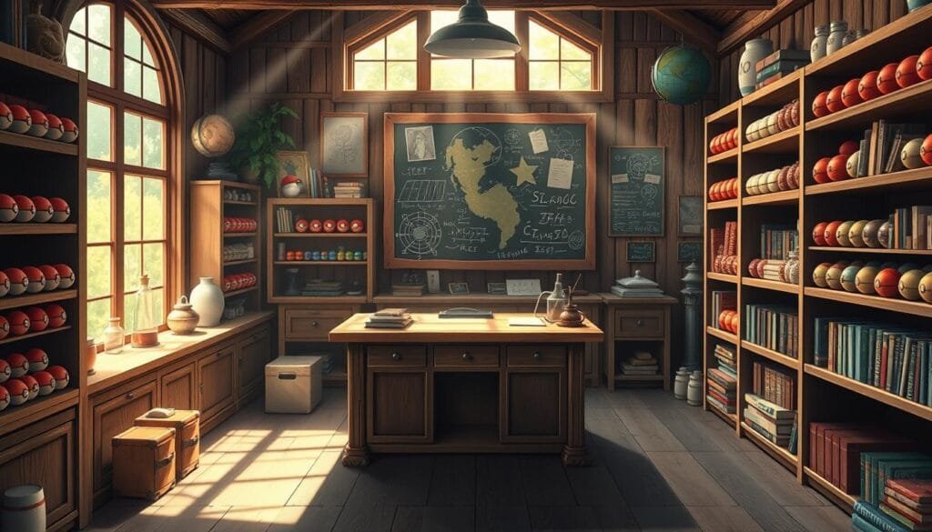 A rustic, quaint laboratory nestled in the lush, verdant Kanto region of Pokémon's Pallet Town. Sunlight streams through large windows, casting a warm glow on the array of scientific instruments and shelves brimming with Poké Balls. In the center, a sturdy oak desk reflects the wisdom and experience of the renowned Professor Oak, the region's preeminent Pokémon researcher. Flanking the desk, floor-to-ceiling bookcases hold tomes on Pokémon biology, evolution, and habitats. An intricate chalkboard displays complex equations and sketches, a testament to the professor's ongoing investigations. The scene exudes a sense of discovery, learning, and the wonder of the Pokémon world.