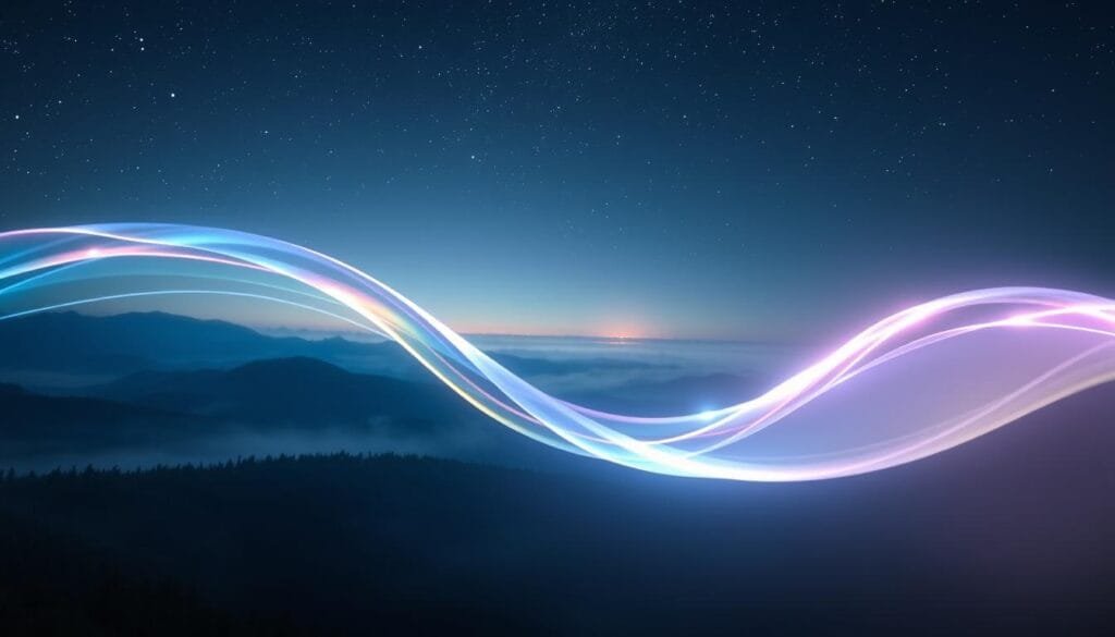 A serene and ethereal scene depicting the "Doblaje Onda Vital" (Vital Wave Dub) concept. In the foreground, a glowing, translucent wave of energy undulates gracefully, its prismatic hues shifting and refracting like a shimmering mirage. The middle ground features a tranquil, misty landscape with rolling hills and a distant horizon, suggesting a dreamlike, otherworldly setting. The background is filled with a starry night sky, the celestial bodies twinkling softly and casting a gentle, celestial glow upon the entire scene. The lighting is soft and diffused, creating a serene, contemplative atmosphere. The camera angle is slightly elevated, allowing the viewer to fully immerse themselves in the captivating, meditative energy of the "Doblaje Onda Vital."