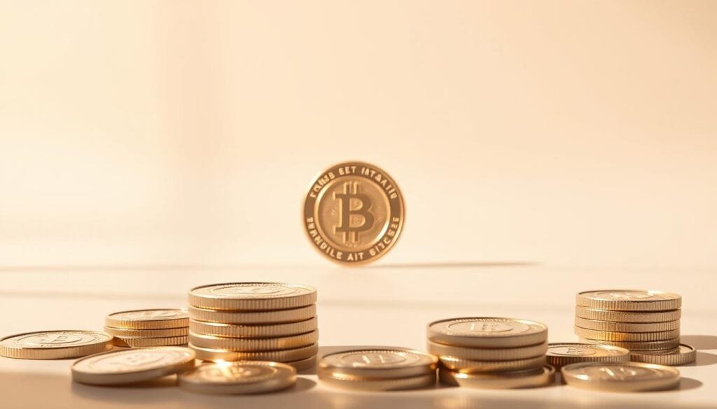 A serene and minimalistic composition showcasing the contrast between fungible and non-fungible tokens. In the foreground, a stack of shiny, uniform cryptocurrency tokens, representing the fungible nature of traditional digital assets. In the middle ground, a single, distinct non-fungible token (NFT) artwork, its unique design and ownership details visible. The background features a soft, ethereal gradient, creating a sense of depth and emphasizing the conceptual divide between the two token types. Warm, natural lighting casts subtle shadows, lending a refined, almost sculptural quality to the scene. The overall mood is one of clarity and contemplation, inviting the viewer to explore the fundamental differences between these emerging digital representations of value.
