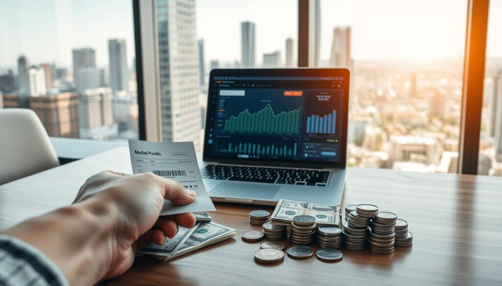 A serene financial scene of a funds withdrawal transaction. In the foreground, a person's hand reaches out to grasp a withdrawal slip amidst neatly stacked bills and coins on a polished wooden desk. In the middle ground, a laptop displays a mutual fund dashboard, reflecting the movement of assets. The background showcases a panoramic view of a modern financial district, with towering skyscrapers and a vibrant cityscape. Warm, natural lighting casts a soft glow, conveying a sense of trust and security in the financial process. The overall atmosphere exudes a balanced, professional, and accessible vibe, suitable for illustrating the "Liquidez y rescate" section of the article.