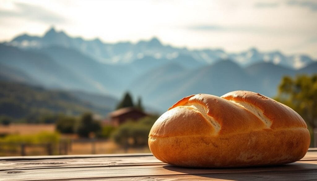 A serene landscape in central Chile, showcasing the picturesque Andes mountains in the background. In the foreground, a large baguette-style loaf of bread sits on a wooden table, its golden crust glistening under the warm, natural lighting. The bread symbolizes the staple food of the Chilean people, while the mountains in the distance represent the economic challenges the country faces with rising inflation. The scene conveys a sense of tranquility and introspection, inviting the viewer to contemplate the complex interplay between the cost of living and the unique geographical and cultural factors shaping Chile's economic landscape.