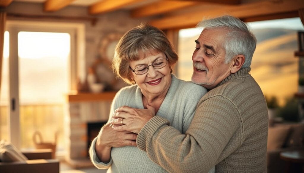 A serene, mature love scene set in a warm, rustic setting. In the foreground, an older couple embraces tenderly, their faces alight with a deep, contented affection. The middle ground features a cozy, softly-lit interior, with hints of a comforting fireplace and plush textiles. The background depicts a tranquil, natural landscape, perhaps a gently rolling hillside or a peaceful garden, bathed in golden, late-afternoon light. The overall mood is one of tranquility, emotional depth, and the comfortable familiarity of a long-lasting connection. A serene, mature love scene set in a warm, rustic setting. In the foreground, an older couple embraces tenderly, their faces alight with a deep, contented affection. The middle ground features a cozy, softly-lit interior, with hints of a comforting fireplace and plush textiles. The background depicts a tranquil, natural landscape, perhaps a gently rolling hillside or a peaceful garden, bathed in golden, late-afternoon light. The overall mood is one of tranquility, emotional depth, and the comfortable familiarity of a long-lasting connection.
